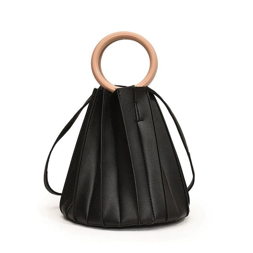 Black Pleated Leather Handbag with Wooden-looking Style Handle - Picture 3 of 5